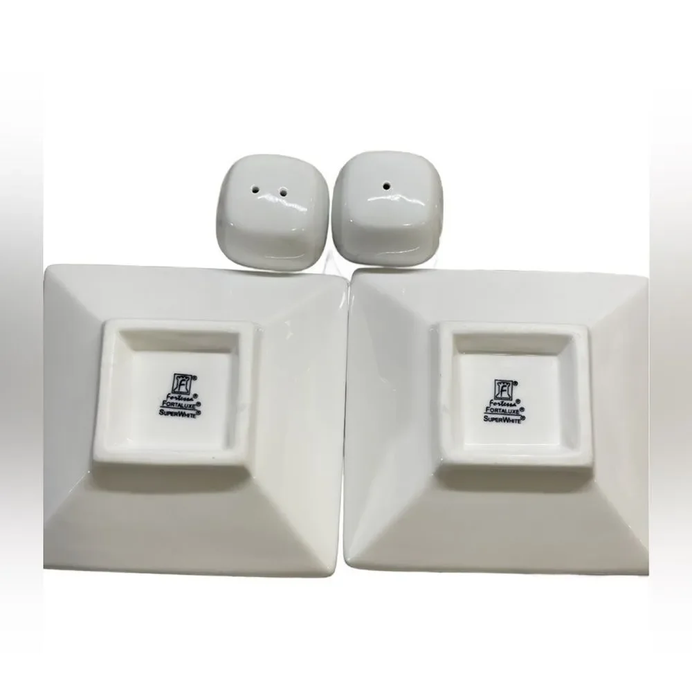 Fortressa Fortaluxe Small 5” White Ceramic Sauce Dishes & Small S&P Shakers